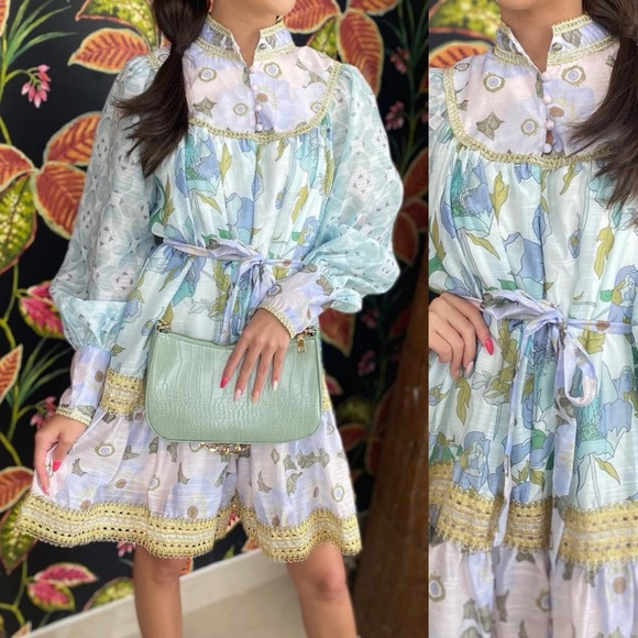 INA Rhythm Trimmed Billow Mini Dress Floral Blue Gold Puff Long Sleeve NEW Small - Picture 9 of 10